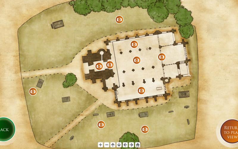 Screenshots from touchscreen interactive: Interactive tour of building and grounds